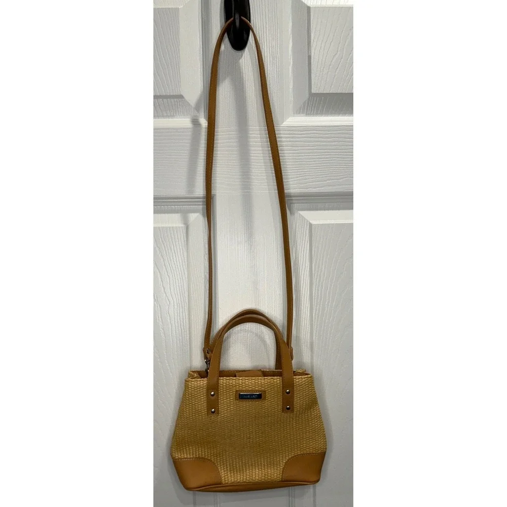 Nine West Straw Woven Tote‎ Handbag Crossbody Bag Tan Leather Trim